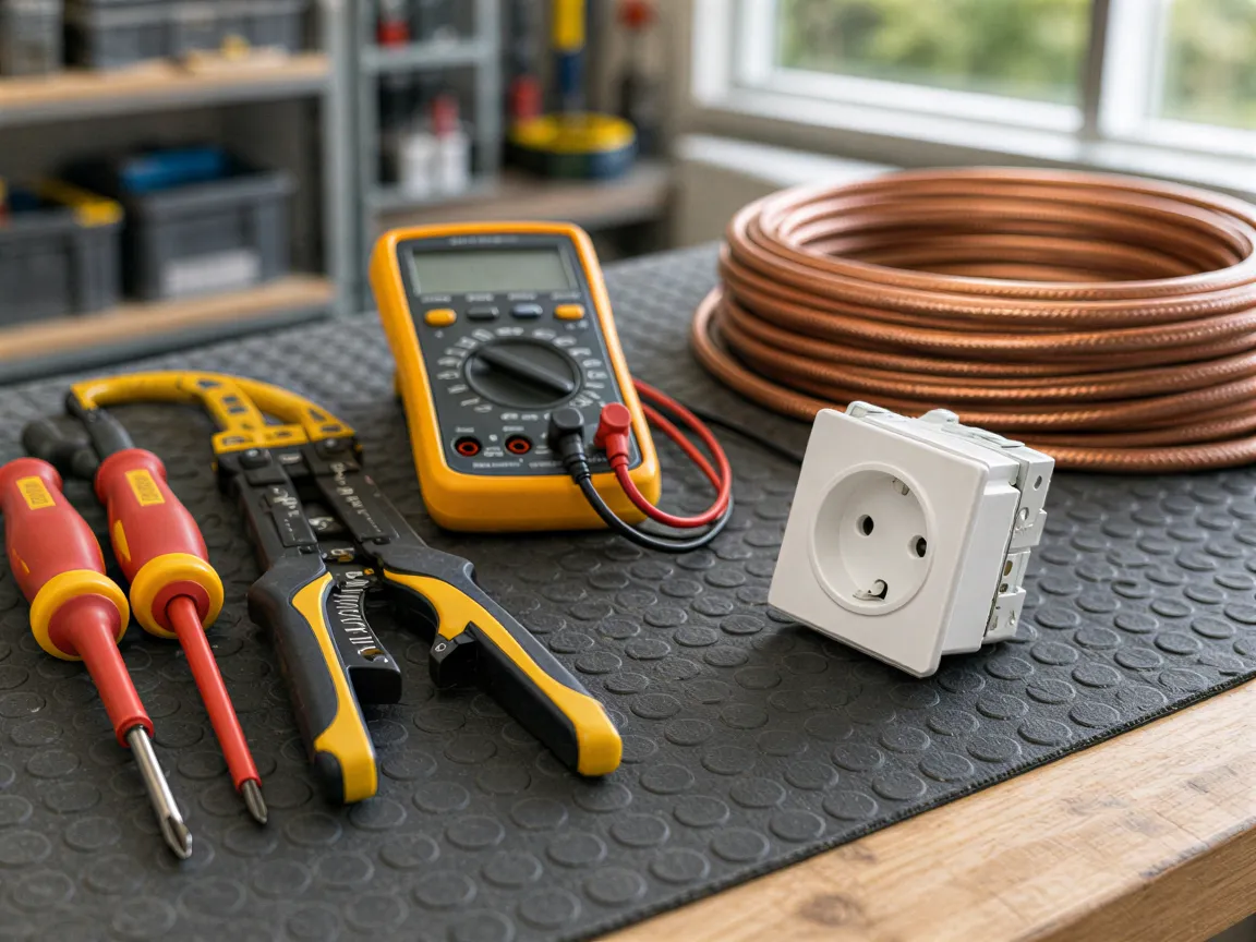 Ein ordentlicher Arbeitstisch mit Elektrikerwerkzeugen auf einer dunkelgrauen Gummimatte in einer Werkstatt.
