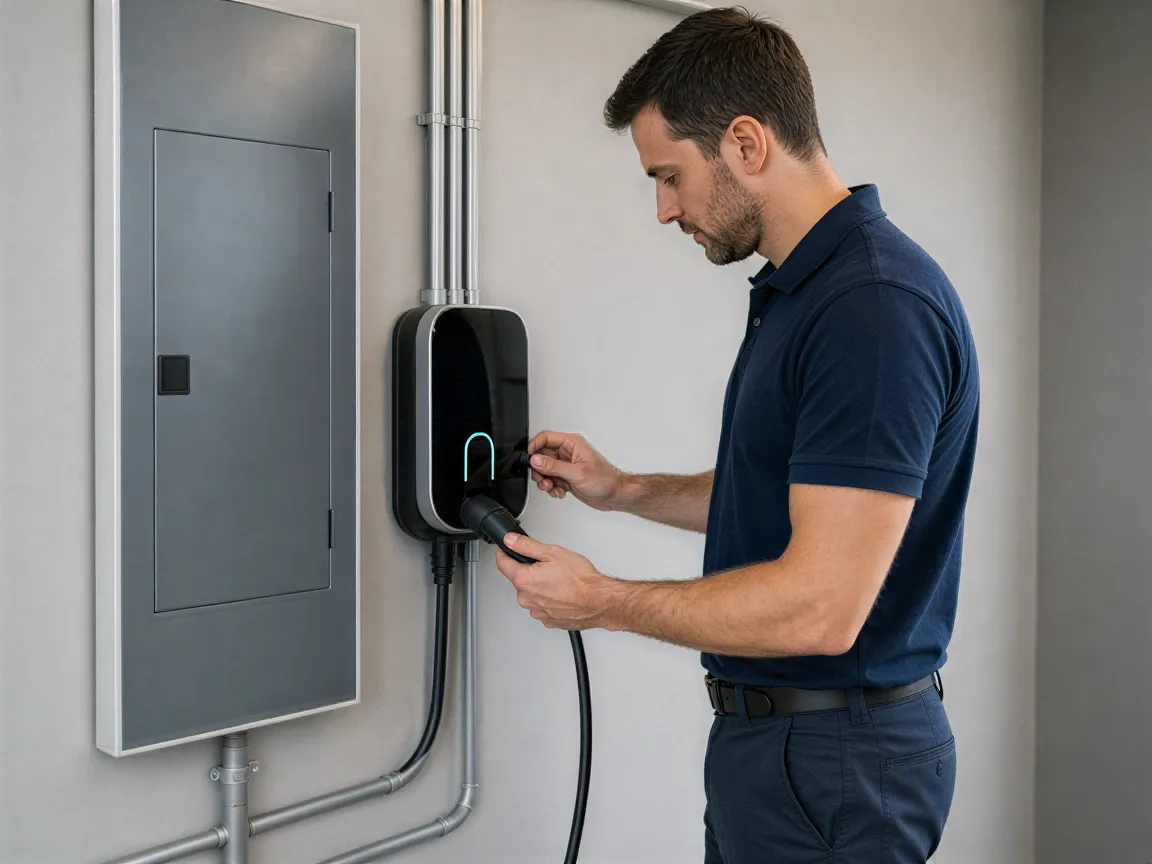 Ein Elektriker prüft eine neu installierte Wandladestation für Elektroautos in einem hellen Technikraum.