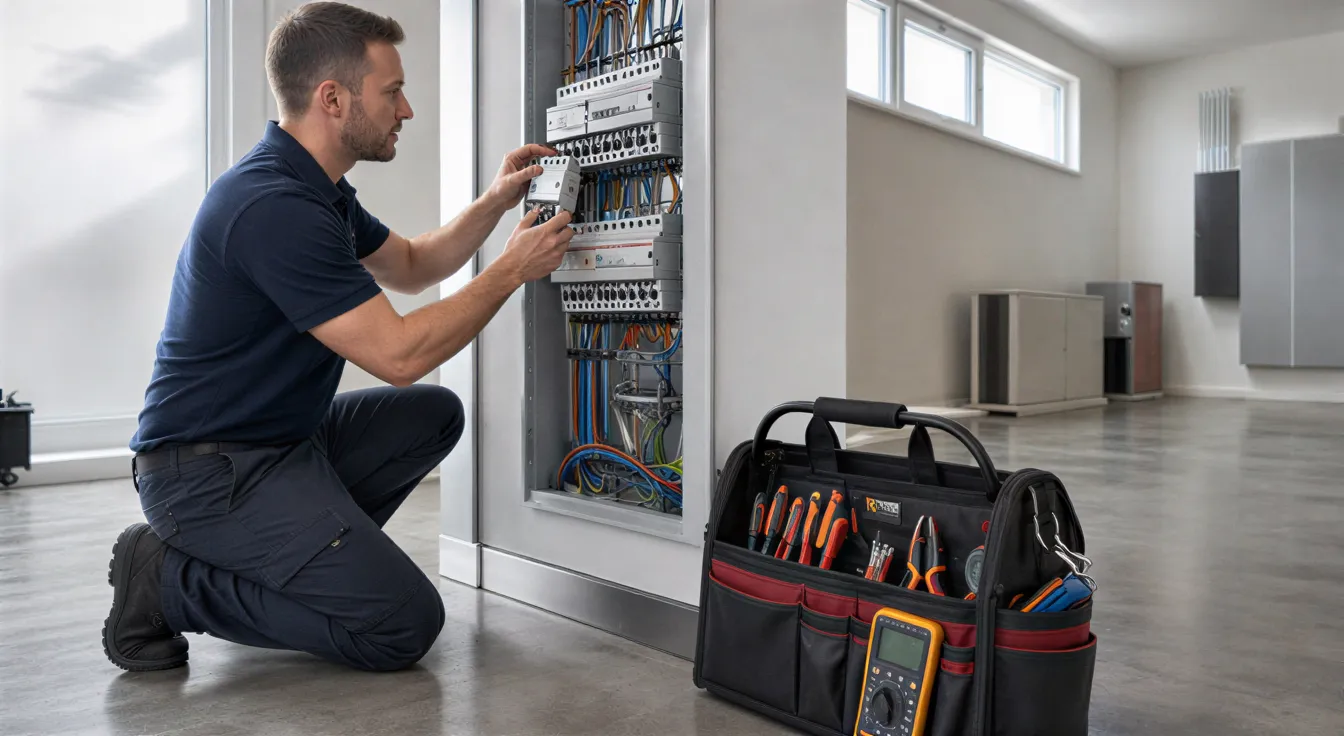 Ein Elektriker installiert einen Sicherungsautomaten in einem grauen Verteilerkasten mit farblich sortierten Kabeln.