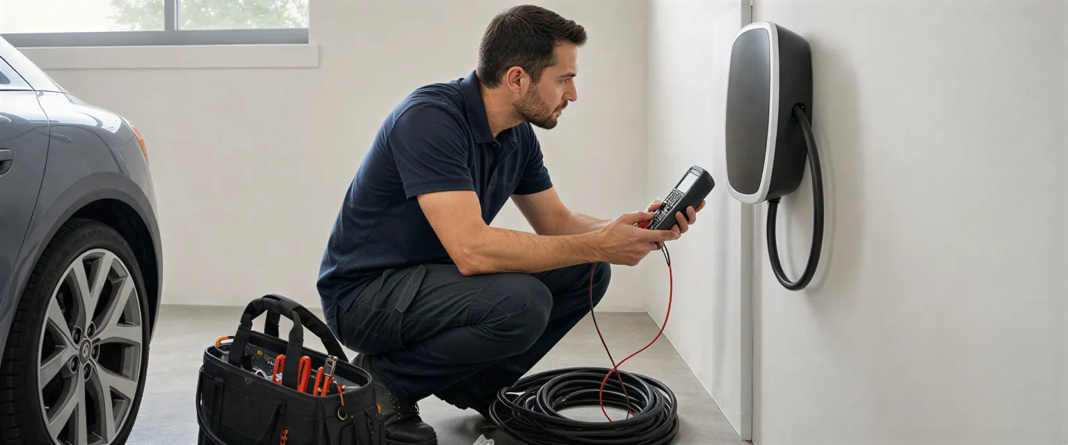 Ein Elektriker prüft mit einem Multimeter eine moderne Wallbox in einer sauberen Garage.