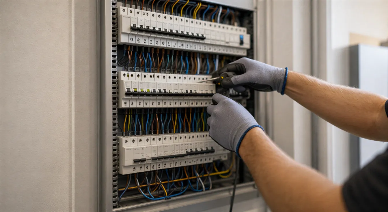 Ein Elektriker installiert saubere Kabel in einem modernen Bürogebäude.