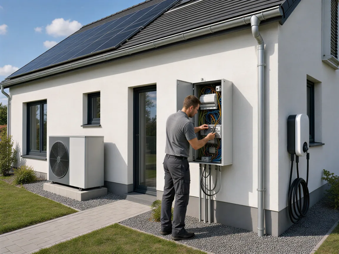 Ein Elektriker installiert Kabel in einem Verteilerkasten vor einem modernen Haus mit Solaranlage und Wallbox.