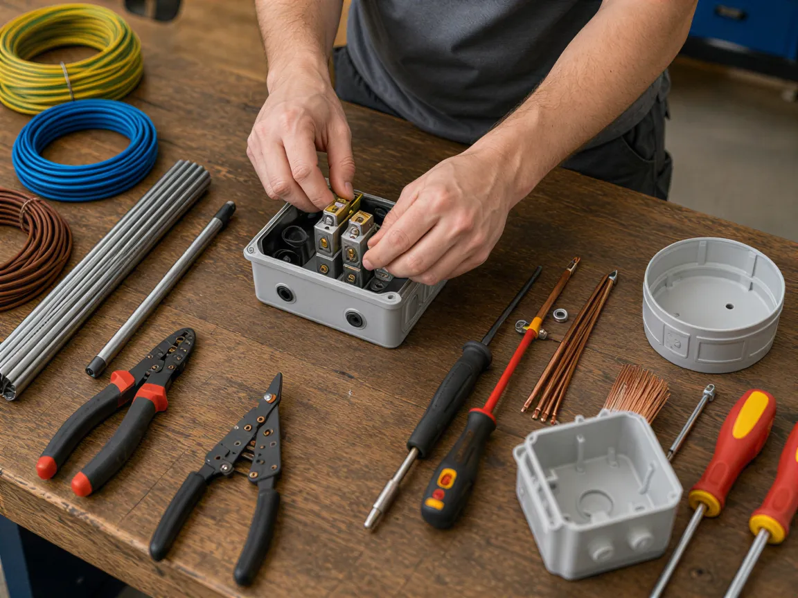 Ein Elektriker montiert präzise elektrische Komponenten auf einer Werkbank mit Werkzeugen und farbigen Kabeln.