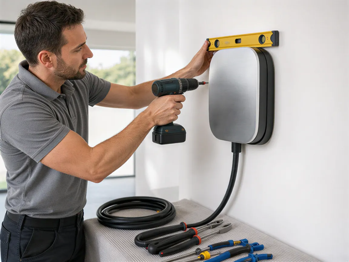 Ein Elektriker installiert präzise eine Wandladestation für Elektroautos in einem modernen Wohnraum.