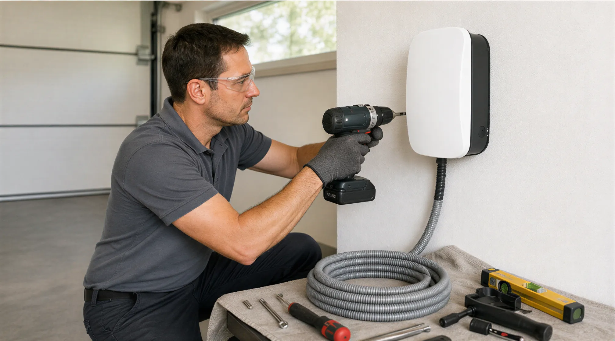 Ein Elektriker installiert eine weiße Wallbox für ein Elektrofahrzeug in einer sauberen Garage.