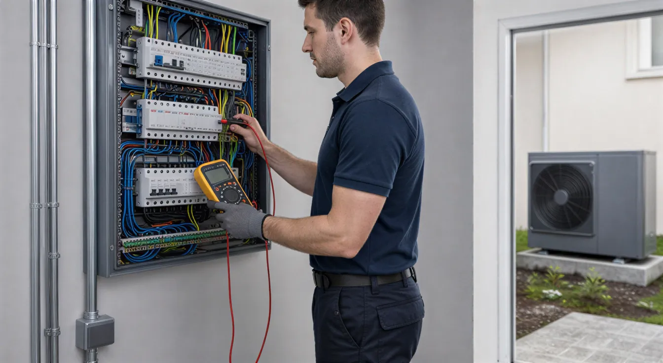 Ein Elektriker prüft mit einem Multimeter die farblich sortierten Kabel in einem sauberen Verteilerkasten.