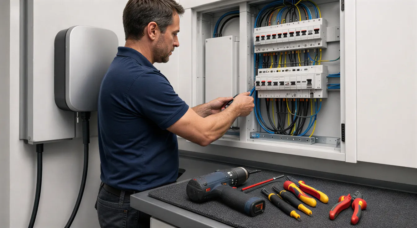 Ein Elektriker installiert eine moderne Wandladestation für Elektroautos an einem sauberen Verteilerkasten.